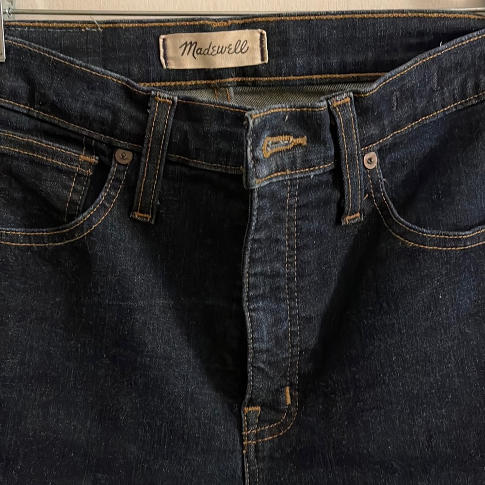 10” high rise dark blue madewell skinny jeans